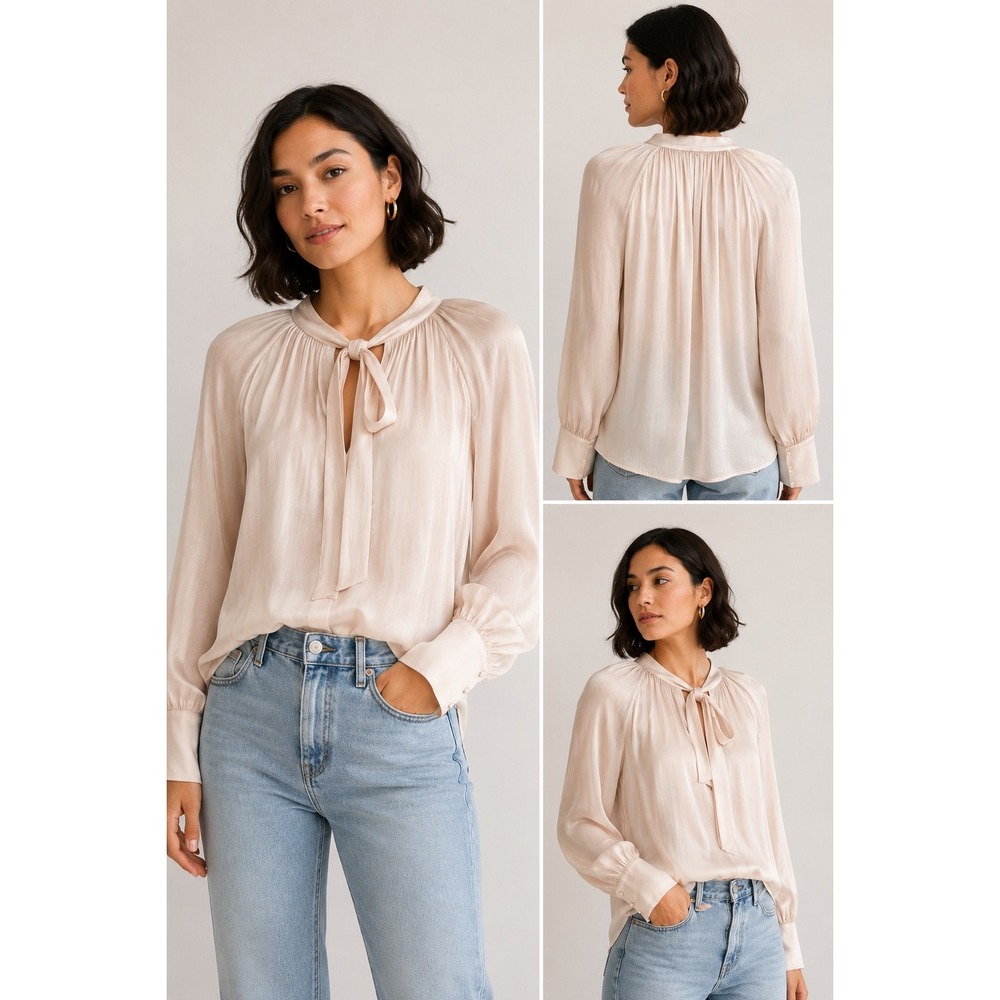 Blu Pepper Tie Neck Pleated Blouse Satin Look Long Sleeve Ivory Size S NWT